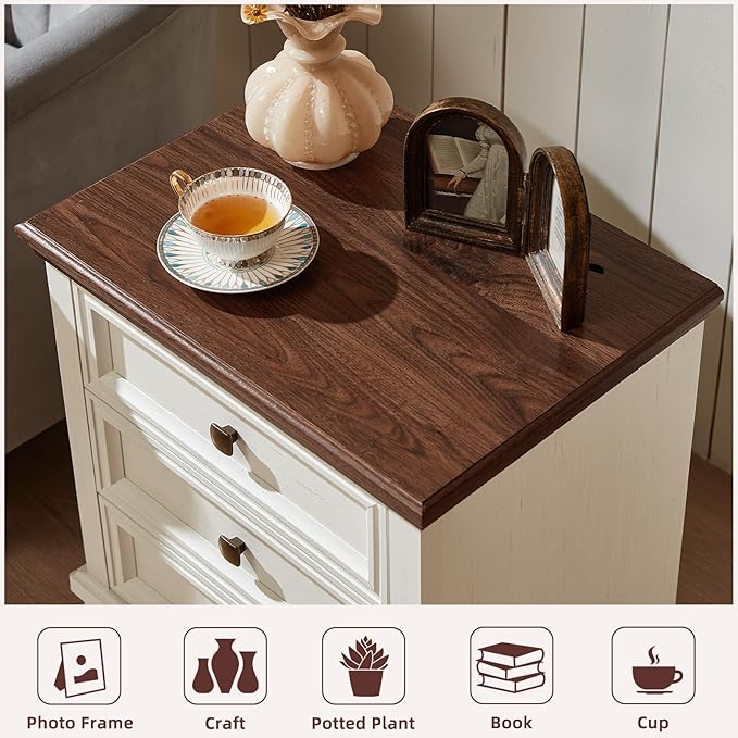 Farmhouse Nightstand with 3 Drawers, Rustic Couch End Table with 4 Square Solid Wood Legs, Mid-Century Modern Bed Side Table with Storage, Small Dresser for Bedroom, Living Room, White