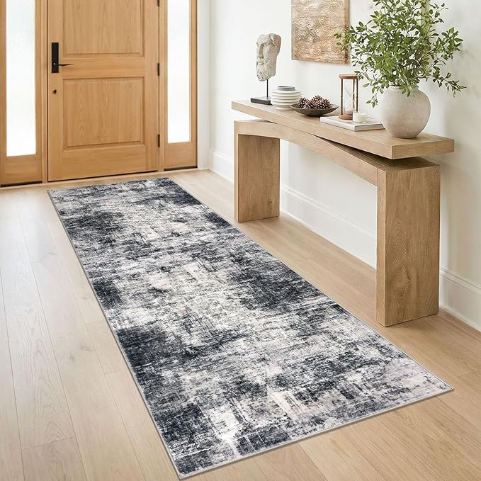IOHOUZE Abstract Runner Rug 3x8 Ft Washable Runners for Hallways, Non Slip Kitchen Runner Printed Faux Wool Entryway Runner Indoor, Modern Abstract Floor Carpet for Hall Kitchen Bedroom, Black Grey
