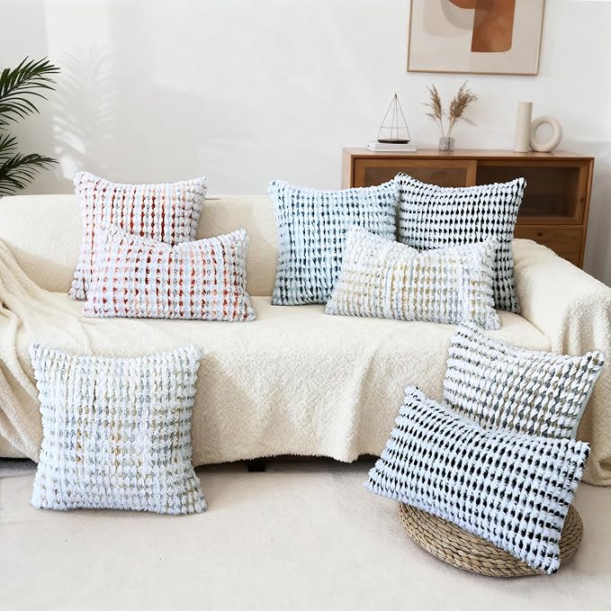 Boho Chenille Tufted Pillow Cover 18x18 Inch Set of 1, Farmhouse Striped Decorative Pillow Covers Accent Fluffy Neutral Square Pillowcases for Couch Sofa Bedroom Living Room, Gray Khaki