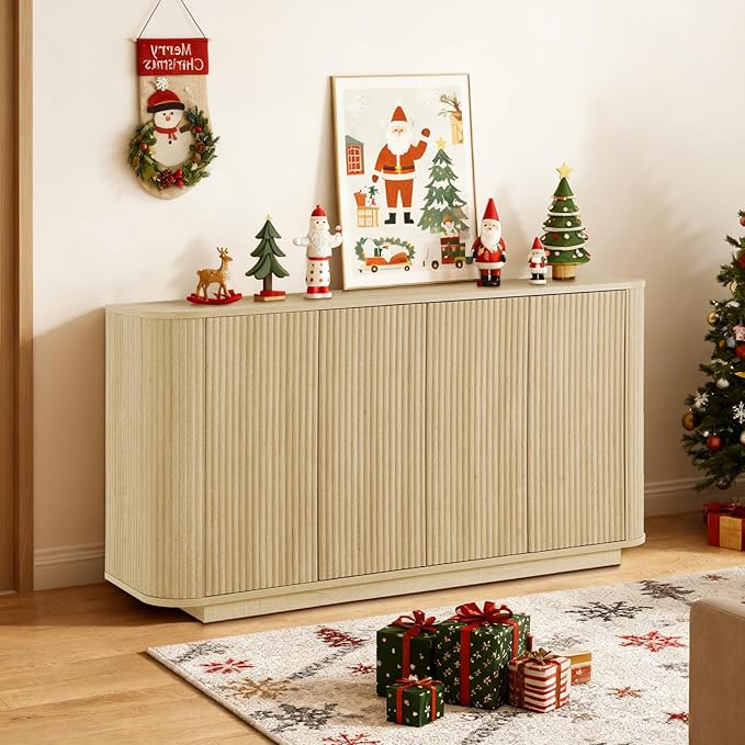 64" Sideboard Buffet Cabinet with Storage, Modern Fluted Accent Credenza with Adjustable Shelves, Wood Media Console Coffee Bar Table for Living Room Kitchen Dining Room, 31.5" H, Natural
