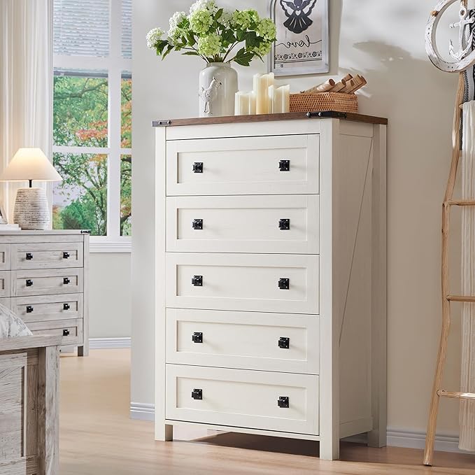 T4TREAM Farmhouse 5 Drawers Dresser Chests for Bedroom, Wood Rustic Tall Chest of Drawers, Dressers Organizer for Bedroom, Living Room, Hallway, Antique White