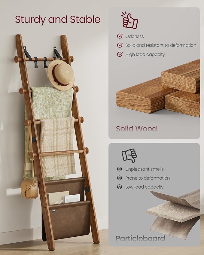 VASAGLE Blanket Ladder for Living Room, 5-Tier Wooden Ladder Shelf, Decorative Farmhouse Blanket Rack with Synthetic Leather Bag, Metal Hooks, Side Hooks, for Bedroom, Caramel Brown ULLS022K01
