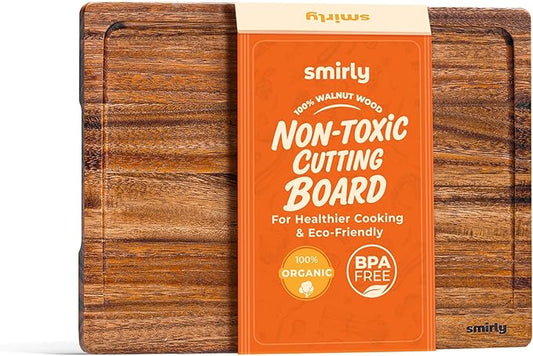 SMIRLY Walnut Wood Cutting Boards for Kitchen, Large - Small, Walnut Wooden Cutting Board Set with Deep Juice Grooves, Non Toxic Serving Tray