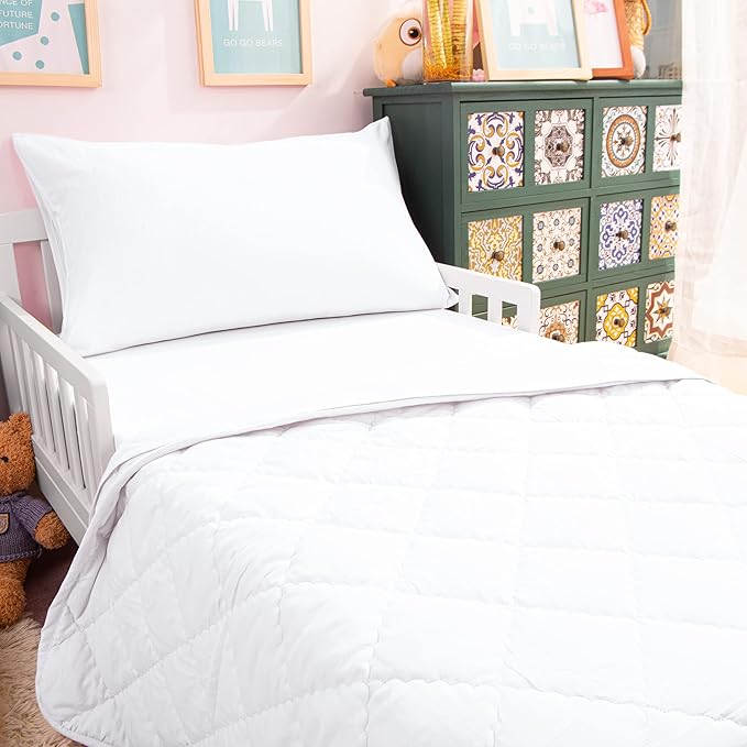 NTBAY Toddler Bedding Set - 4 Piece Soft and Breathable Crib Bedding Set for Boys and Girls, Includes Quilted Comforter, Fitted Sheet, Flat Top Sheet and Envelope Pillowcase, White