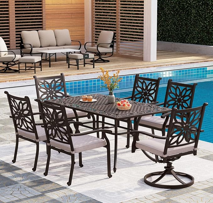 PHI VILLA 64" Outdoor Cast Aluminum Table for 6, Brown Rectangular Metal Dining Table with Umbrella Hole, All Weather Retro Patio Furniture for Outside Deck, Porch, Backyard