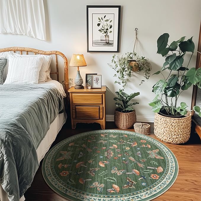 Mushroom Insect 4ft Round Rug Washable Non-Slip Soft Ultra-Thin Small Boho Circle Carpet for Entryway Kitchen Bedroom Nursery Dining Room Green