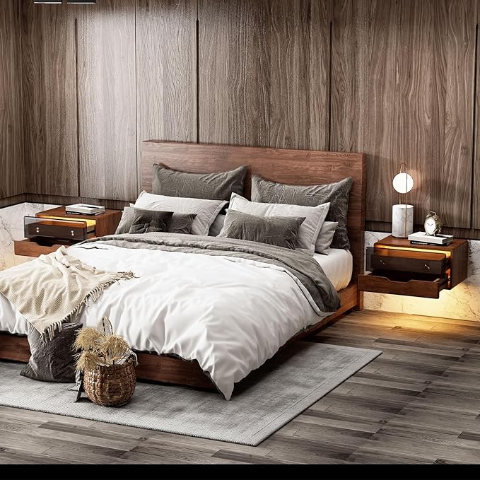 Solid Wood Floating Nightstand Smart Bedside Table, LED Nightstand, Wall Mounted Sensor NightStand with Storage for Bedroom, Dorm Small Space, Dark Walnut
