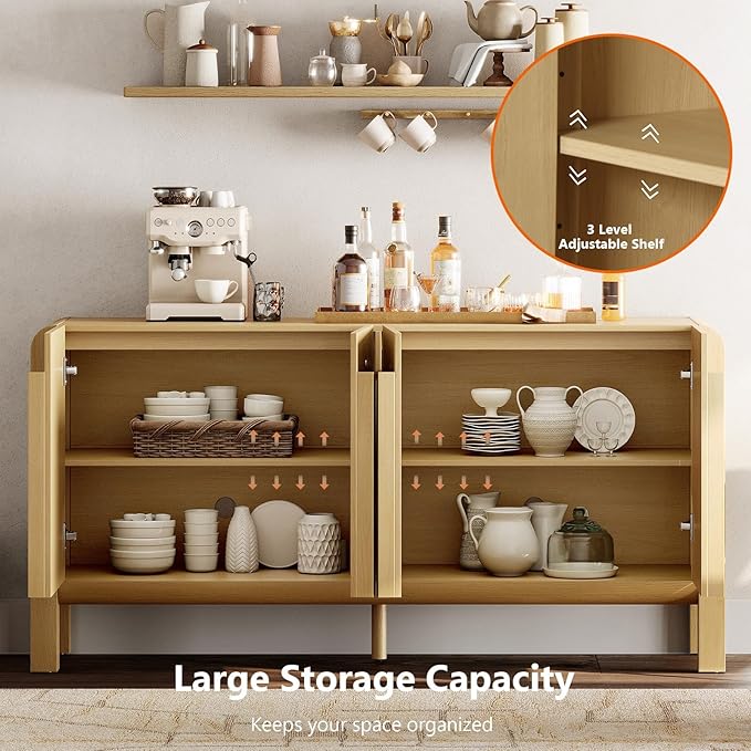 WAMPAT 63" Wide Large Buffet Sideboard Cabinet with Storages, Modern Buffet Table Coffee Bar Wine Bar Storage Curved Cabinet with 4 Doors for Dining Room, Living Room, Kitchen,Oak