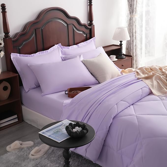 NTBAY Queen Comforter Set with Sheets, 7 Pieces Soft and Breathable Queen Bedding Set, Bed in a Bag, Down Alternative Comforter Set Solid Color All Season, Queen Bedding Set, Light Purple