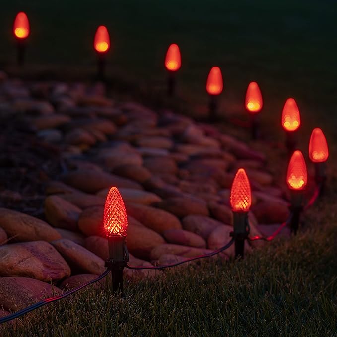 Wintergreen Lighting 50' OptiCore LED C9 Red Pathway Christmas Lights, Heavy Duty Bulbs for Driveway, Walkway Marker, 5" Commercial PathPRO Stakes, 18 Gauge Green Wire