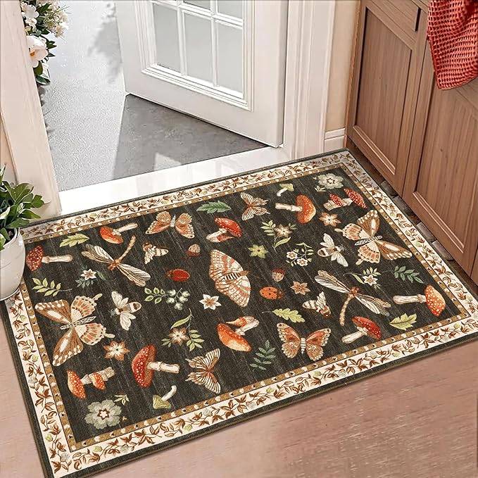 Mushroom Small Rug 2x3 Washable Door Mat Indoor Rugs for Entryway Non-Slip Soft Ultra-Thin Stain Resistant Foldable Rugs Kitchen Bedroom Living Room Brown
