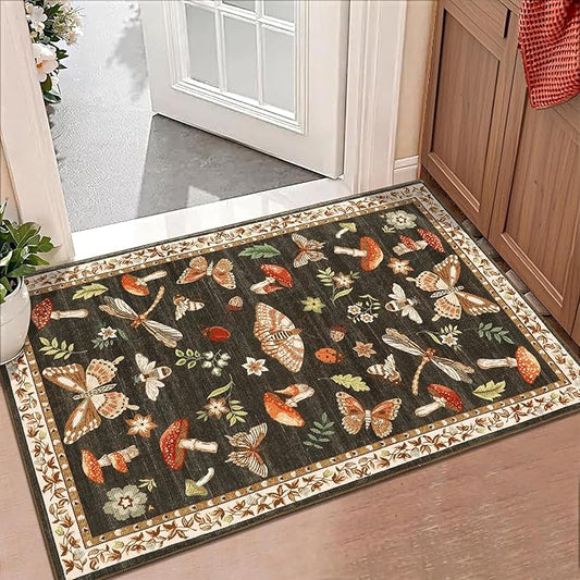 Mushroom Small Rug 2x3 Washable Door Mat Indoor Rugs for Entryway Non-Slip Soft Ultra-Thin Stain Resistant Foldable Rugs Kitchen Bedroom Living Room Brown