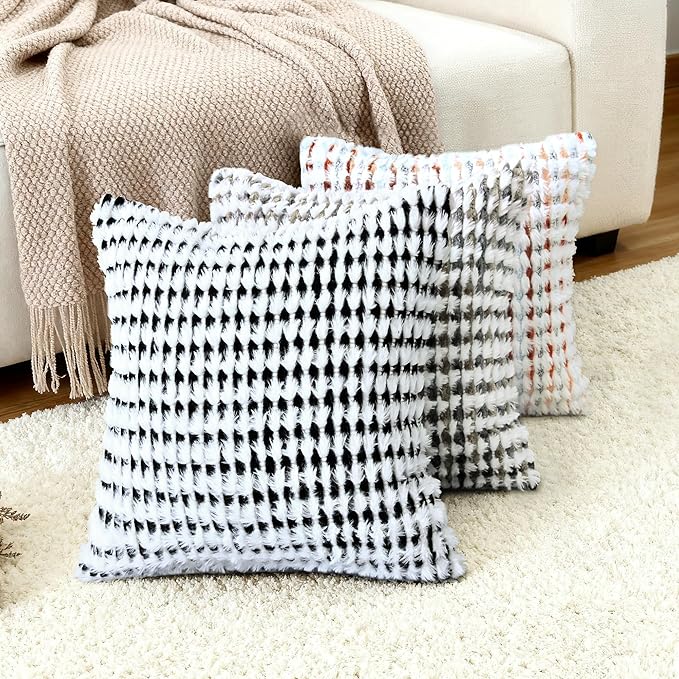 Boho Chenille Tufted Pillow Cover 18x18 Inch Set of 1, Farmhouse Striped Decorative Pillow Covers Accent Fluffy Neutral Square Pillowcases for Couch Sofa Bedroom Living Room, Black White
