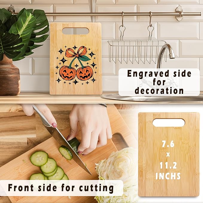 SPBL&L Halloween Cherry Pumpkin Fall Cutting Board, Halloween Gifts for Women, Pumpkin Kitchen Decor, Coquette Spooky Autumn Girly Decorative Bamboo Cutting Chopping Board for Kitchen