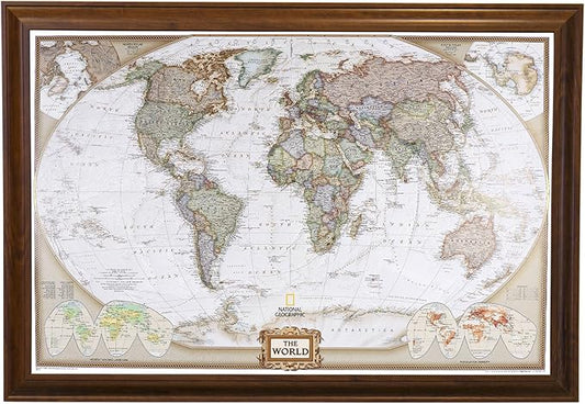Push Pin Travel Maps Customizable Wall Art - Executive World - Brown Frame - Framed Pin Map, Includes 150 Pins - Handcrafted in USA - 27.5" x 39.5"