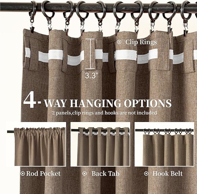 100% Blackout Brown Linen Curtains 90 Inches Long for Bedroom, Hook Belt Back Tab Farmhouse Tan Curtains Light Blocking Noise Reducing for Living Room Office, Rustic Privacy Draperies(52x90, 2 PCs）