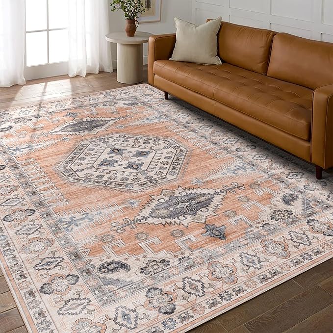 vivorug 4x6 Rug, Small Area Rug for Living Room, Bedroom, Kitchen, Machine Washable Non-Slip Throw Rug, Vintage Distressed Carpet for Entryway Nursery Dinner Room, Orange