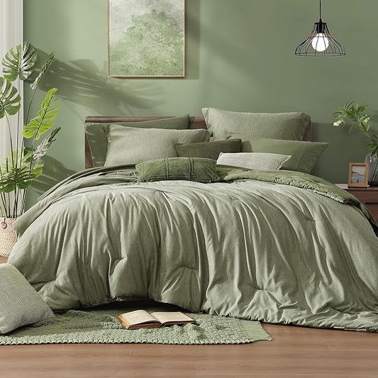 Monbix Queen Comforter Set - 7 Pieces Cationic Dyeing Sage Green Bed in a Bag Queen Bedding Sets with Comforter, Sheets, Pillowcases & Shams, Reversible Bedding Comforters Sets