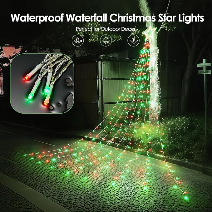 WBao 344 LED Christmas Lights Outdoor Decorations with 12" Star Topper, 11.9ft Waterfall Christmas Lights, Remote Control 8 Modes, Timer, UL Listed Waterproof for Tree Roof Porch Decor, Red Green