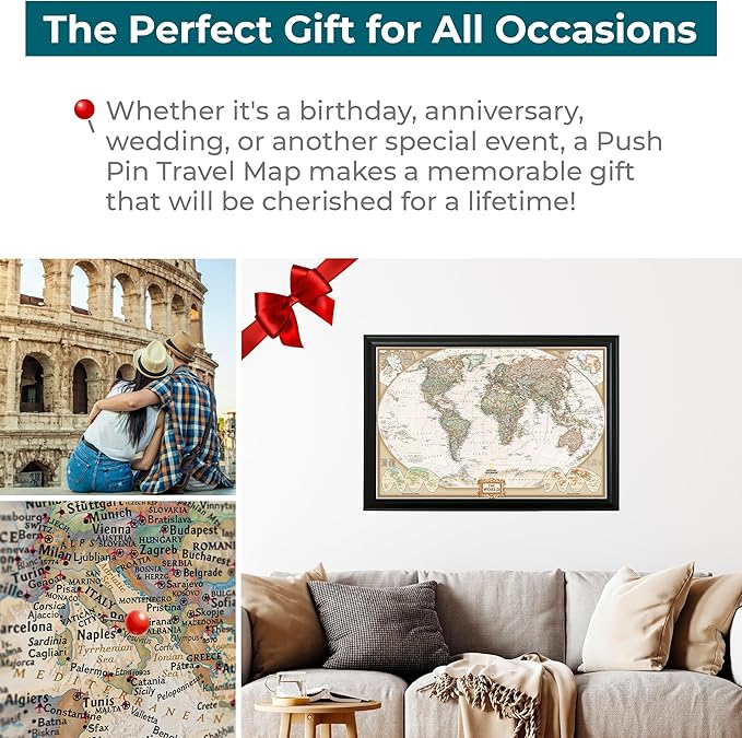 Canvas Executive World Map Pin Board – Framed Travel Map with Pins for Wall – Personalized Push Pin World Map for Tracking Journeys – 27.5" x 39.5" Black Frame