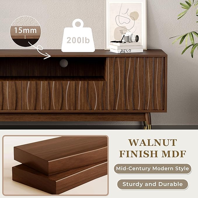 Mid-Century Modern TV Stand and Glass Display Cabinet Entertainment Center Set Media Console with Wine Cabinet Lighted Showcase Storage and Drawers for Living Room Office (102" W 2-Piece Set - AC)