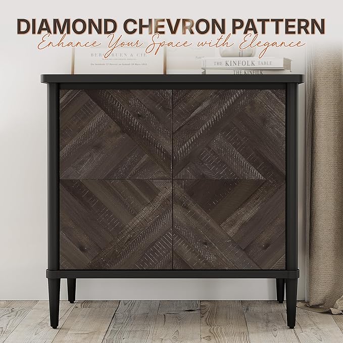 Lenia Solid Wood Storage Cabinet with Diamond Pattern Doors, Rustic Farmhouse Accent Cabinet for Living Room, or Entryway, Durable Acacia Wood, Mocha Black