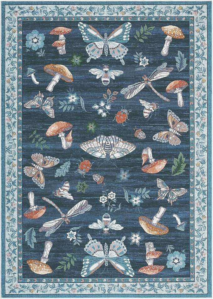 Mushroom Washable Area Rug 6x9 Rugs for Living Room Soft Low-Pile Stain Resistant Thin Carpet for Bedroom Dining Nursery Non Slip Mat with Rubber Blue