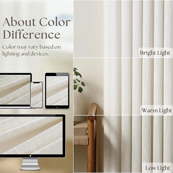 102 Inch Long Curtains Pinch Pleat Linen Curtains for Living Room Bedroom 2 Panels Natural Cream Light Filtering Privacy Neutral 102 Inch Pleated Drapes Hooks Rings Back Tab for Window Sliding Door