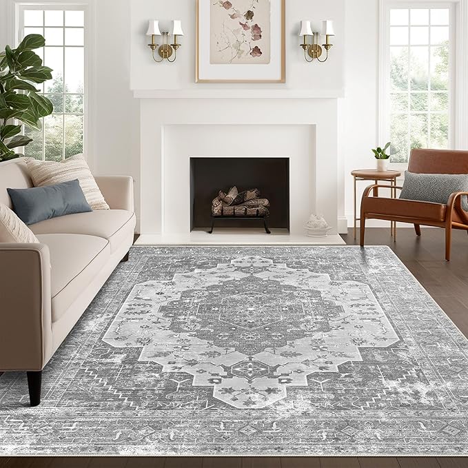 vivorug 4x6 Area Rugs, Stain Resistant Washable Rug for Living Room, Vintage-Inspired Grey Floral Rug