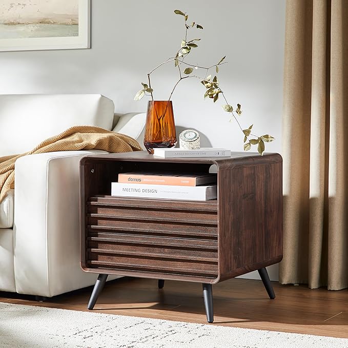 RedLemon 24" Nightstand Set of 2 with Charger Station, Mid Century Modern Fluted End Table with 2 Drawers, Wooden Side Table with Open Cubby Storage for Living Room, Bedroom, Office (Dark Walnut)