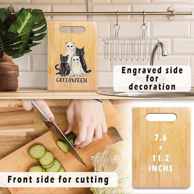 SPBL&L Halloween Black Cat Ghost Cutting Board, Cat Lover Gifts, Halloween Kitchen Decor, Spooky Ghost Kitty Kitten Catloween Decorative Bamboo Cutting Chopping Board for Kitchen