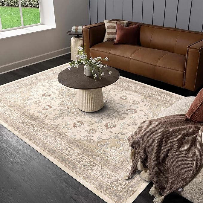 vivorug 4x6 Rug, Small Neutral Area Rug for Living Room, Bedroom, Kitchen, Machine Washable Non-Slip Throw Rug, Vintage Floral Carpet for Entryway Nursery Coffee Table - Durable (Beige)