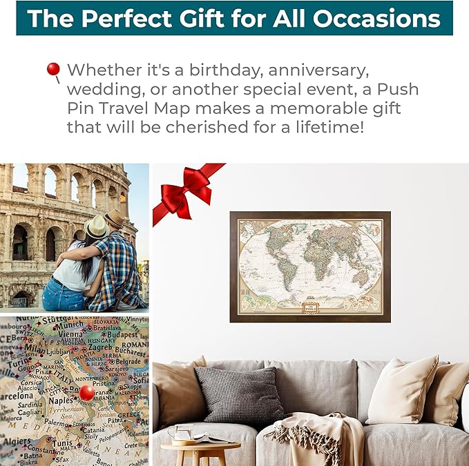 Push Pin Travel Maps Customizable Wall Art - Executive World - Rustic Brown - Framed Pin Map, Includes 150 Pins - Handcrafted in USA - 27.5" x 39.5"