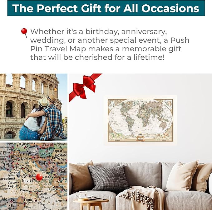 Canvas Executive World Map Pin Board – Framed Travel Map with Pins for Wall – Personalized Push Pin World Map for Tracking Journeys – 27.5" x 39.5" Textured White Frame