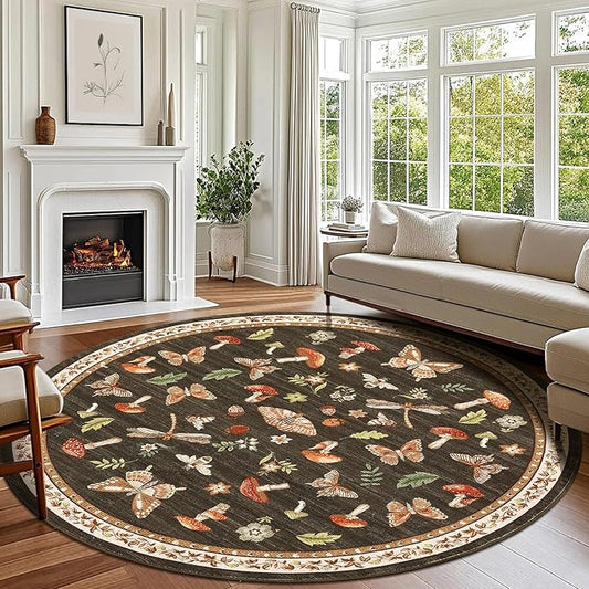 Mushroom Insect 6ft Round Rug Washable Non-Slip Soft Ultra-Thin Boho Circle Carpet for Living Room Bedroom Kitchen Nursery Dining Room Brown