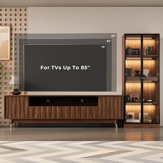 Mid-Century Modern TV Stand and Glass Display Cabinet Entertainment Center Set Media Console with Wine Cabinet Lighted Showcase Storage and Drawers for Living Room Office (102" W 2-Piece Set - AC)