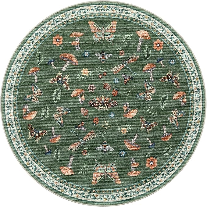 Mushroom Insect 8ft Round Rug Washable Non-Slip Soft Ultra-Thin Large Boho Circle Carpet for Entryway Kitchen Bedroom Nursery Dining Room Green
