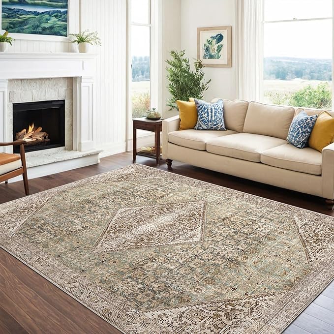 vivorug 5x7 Area Rugs - Ultra-Thin Washable Rug with Non-Slip Backing, Ideal for Living Room, Bedroom, Kitchen Floor Carpet - Vintage, Easy Clean, Durable, Turquoise/Antique