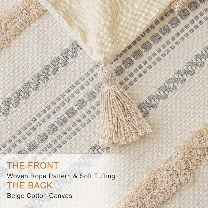 Boho Throw Pillow Covers 18x18 Set of 2 Woven Tufted Farmhouse Pillows Cover with Tassels Textured Striped Cushion Case Neutral Pillow Cases Decorative Pillowcase for Sofa, Couch, Bed, Khaki