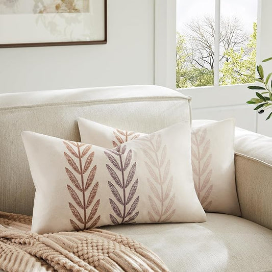 100% Cotton Farmhouse Leaves Lumbar Throw Pillow Covers Set of 2, 12x20 Inch Mixed Brown Pastoral Decorative Print Cushion Covers for Sofa Bed Living Room Home Decor