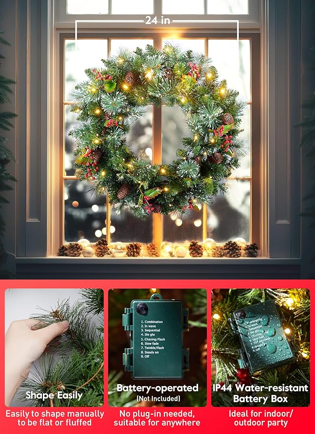 24 Inch Prelit Christmas Wreath for Front Door, Battery Operated LED Light Christmas Wreath with Pine Cones, Red Berry Clusters, Branches and Leaves, Lighted Wreath Wall Windows Decoration