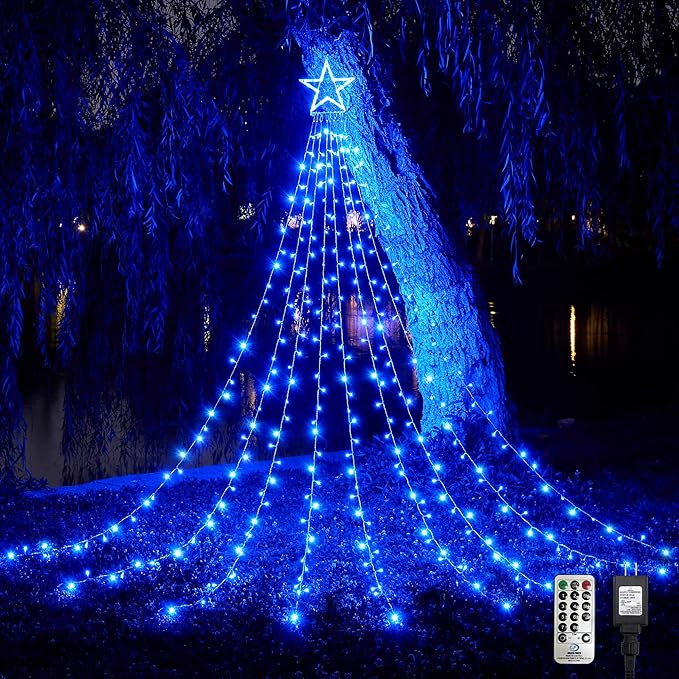 WBao 344 LED Christmas Lights Outdoor Decorations with 12" Star Topper, 11.9ft Waterfall Christmas Lights, Remote Control 8 Modes, 3 Timers, UL Listed Waterproof for Tree Roof Porch Xmas Decor, Blue
