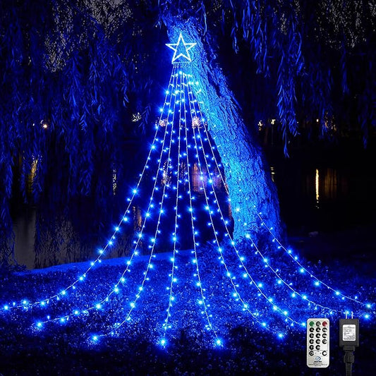 WBao 344 LED Christmas Lights Outdoor Decorations with 12" Star Topper, 11.9ft Waterfall Christmas Lights, Remote Control 8 Modes, 3 Timers, UL Listed Waterproof for Tree Roof Porch Xmas Decor, Blue