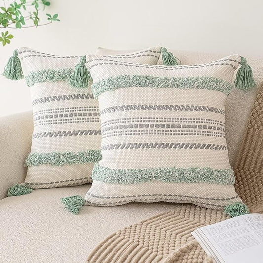 Boho Throw Pillow Covers 20x20 Set of 2 Woven Tufted Farmhouse Pillows Cover with Tassels Textured Striped Cushion Case Neutral Pillow Cases Decorative Pillowcase for Sofa, Couch, Bed, Light Green