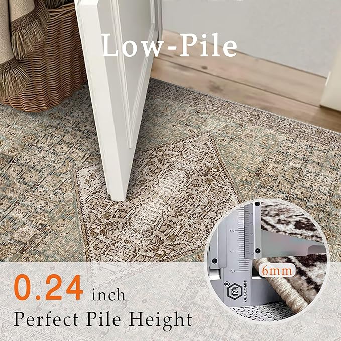 vivorug 5x7 Area Rugs - Ultra-Thin Washable Rug with Non-Slip Backing, Ideal for Living Room, Bedroom, Kitchen Floor Carpet - Vintage, Easy Clean, Durable, Turquoise/Antique