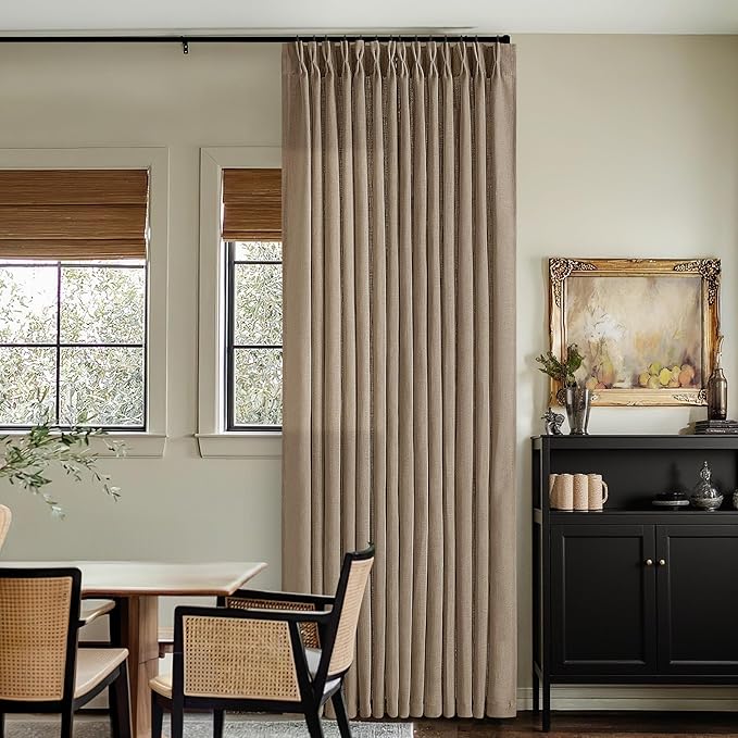 80 Inch Pinch Pleated Linen Curtains 2 Panels for Living Room Bedroom Boho Farmhouse Light Copper Brown Tan Latte Semi Sheer Back Tab Pinch Pleat with Hooks Rings Window Curtain 80 Inches Long