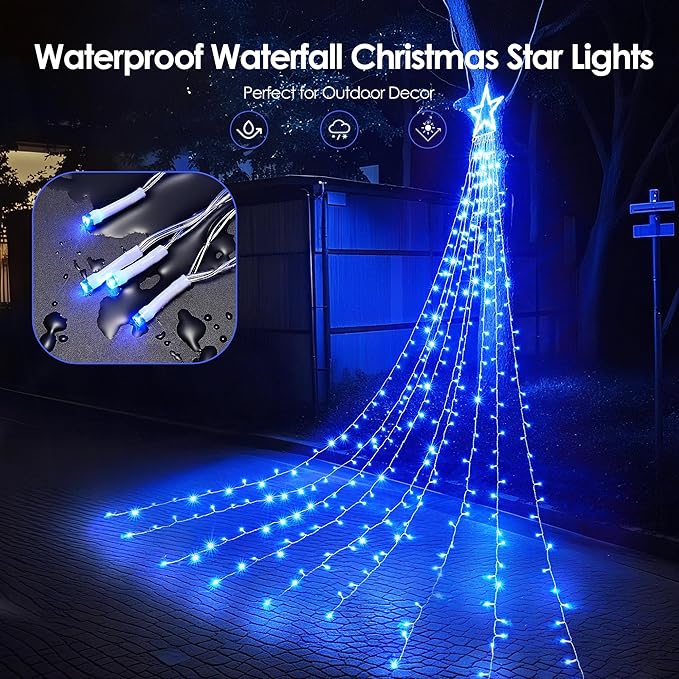 WBao 344 LED Christmas Lights Outdoor Decorations with 12" Star Topper, 11.9ft Waterfall Christmas Lights, Remote Control 8 Modes, 3 Timers, UL Listed Waterproof for Tree Roof Porch Xmas Decor, Blue