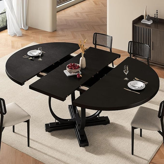 59" Extendable Round Dining Table for 4-6, Modern Oval Kitchen Table with Heavy Duty Curved Legs & Pedestal Base, Space Saving Circle Dinner Room Table for Dining Kitchen Living Room, Black