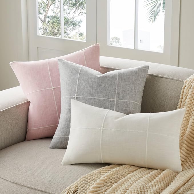 2 Packs Grid Embroidery Throw Pillow Covers, 20x20 Inch Pink, Farmhouse Linen Decorative Pink Cushion Covers for Sofa Bed Living Room Home Decor