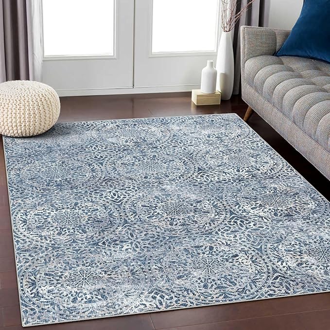 vivorug 6x9 Area Rugs, Ultra-Soft Washable Rug for Living Room Dinner Room Bedroom, Non-Slip Vintage Rug, Indoor Carpet Large Area Rug, Blue
